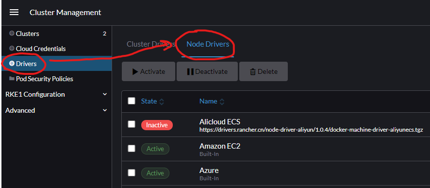 Location of Node Drivers menu in Rancher dasboard