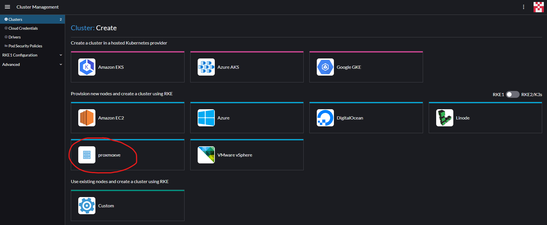 Proxmoxve showing up in the cluster creation menu